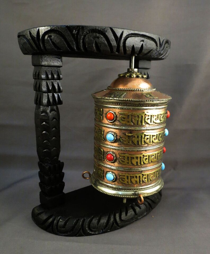 Buddhism Om Mantra Spirituality Offering Wooden Frame Copper Brass Prayer Wheel Nepal