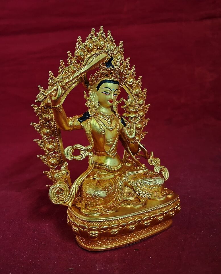 Buddhism Goddess Manjushri Gold Face Paint Copper Gold Plated Statue Figure