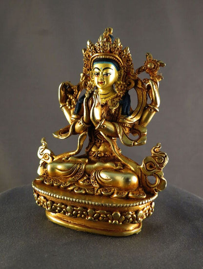 Tibetan Buddhism Gold Face Hand Paint Lord Chenrezig Khacheri Copper Gold Plated Statue Figure Nepal