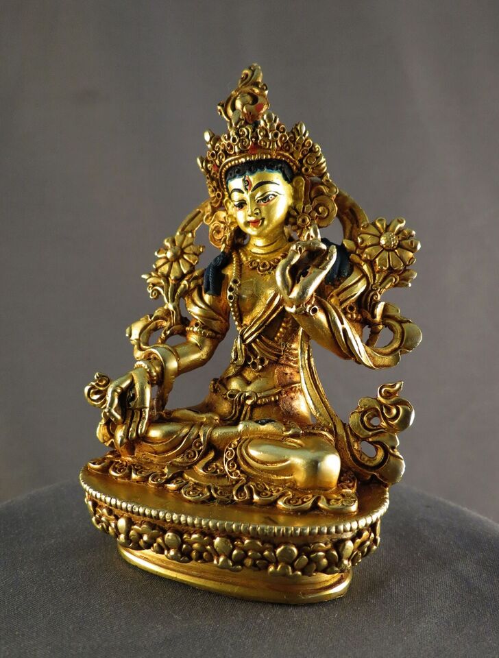 Goddess White Tara Gold Face Hand Paint Copper Gold Plated Statue Figure Nepal