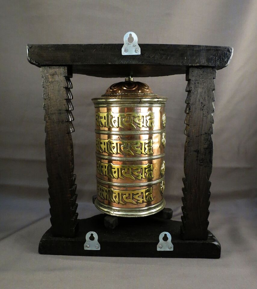 Buddhism Om Mantra Meditation Offering Spiritual Copper Wooden Frame Prayer Wheel Nepal