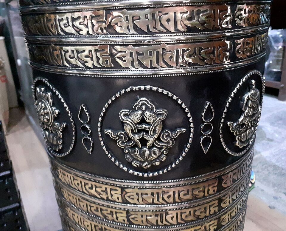 Tibetan 8 Auspicious Sign 16 lane Om Mantra 35" Wooden Frame Copper Brass Offering Prayer Wheel Nepal