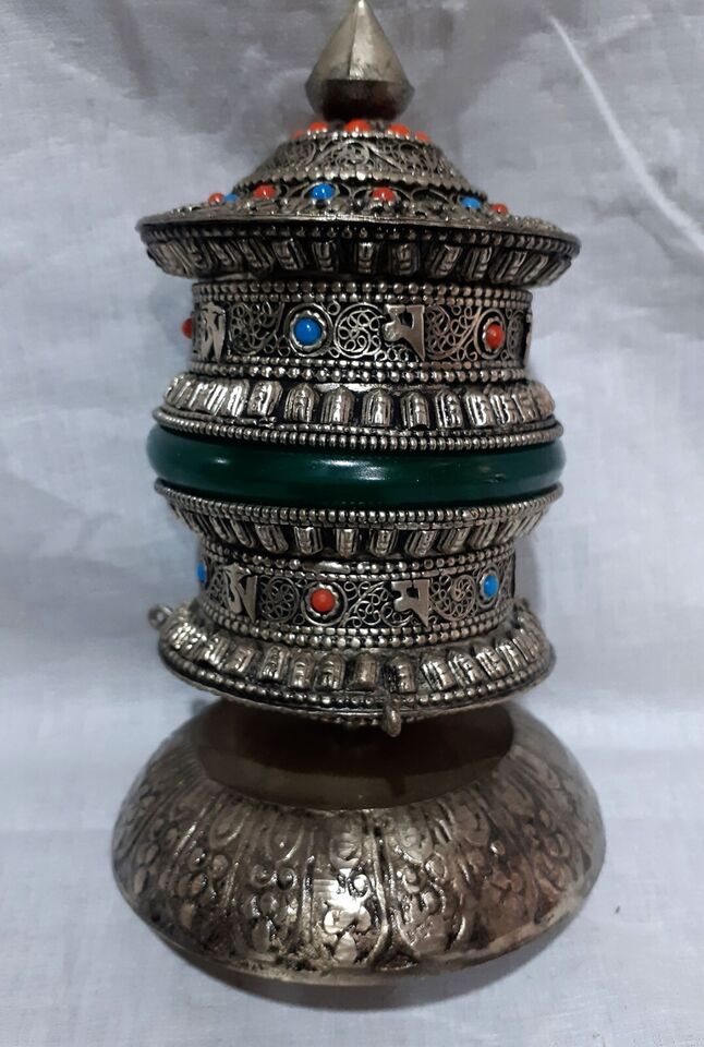 Tibetan Buddhism Om Mantra Resin Turquoise Coral Stone Copper White Metal Handmade Prayer Wheel Nepal