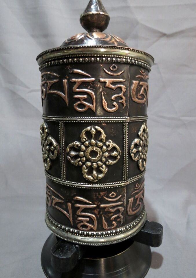 Tibetan Om Mani Padme Hum Mantra Vishwa Vajra/Double Dorje Copper Offering Prayer Wheel Nepal