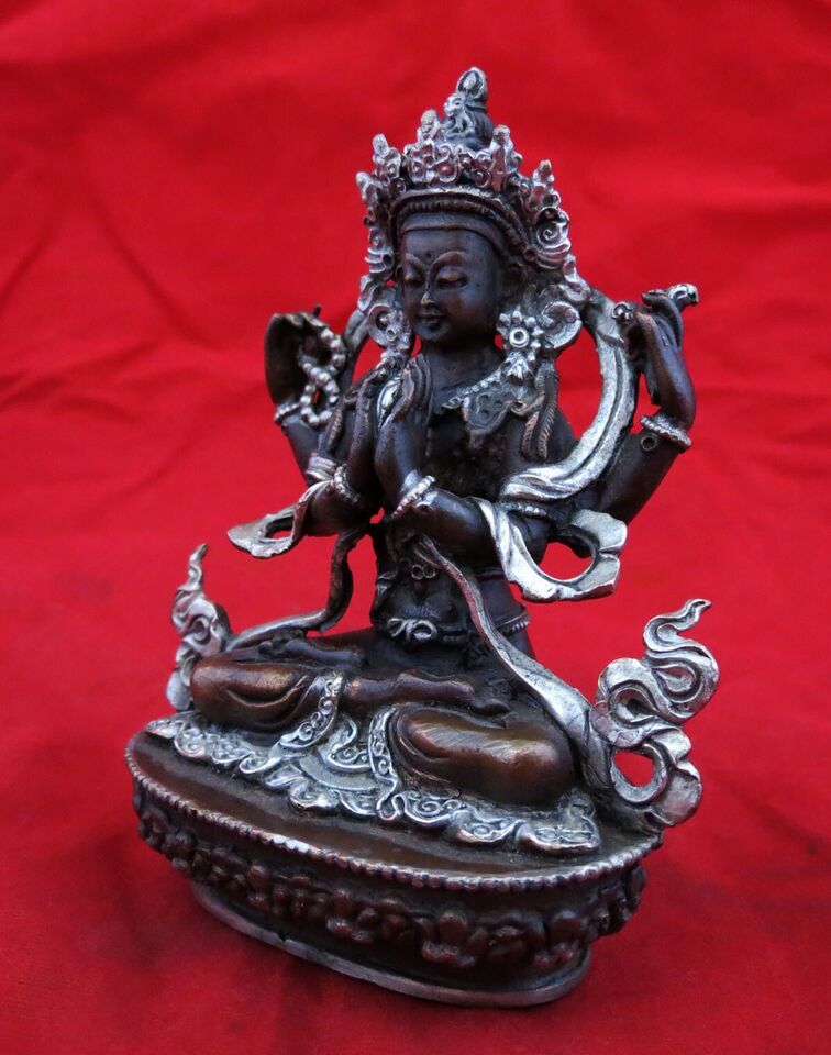 Tibetan Lord Chenrezig Khacheri 3.6" Fine Copper Silver Oxide Statue Figure Nepal