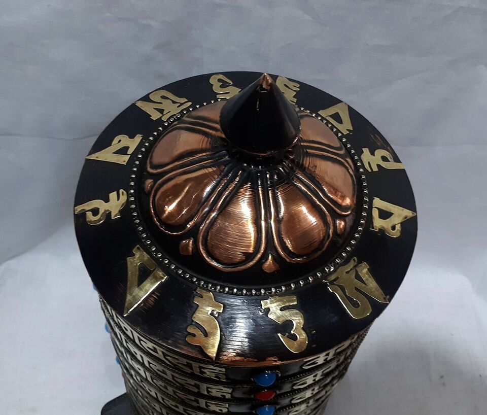 8 Lane Buddhism Om Mani Padme Hum Mantra Copper Brass Stone Offering Prayer Wheel Nepal