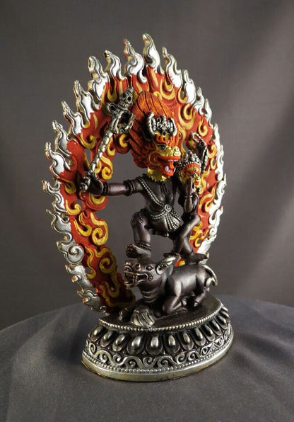 Tibetan Buddhism Gold Face Wrathful God Yamantaka with Consort Copper Silver Oxide Figure Statue Nepal