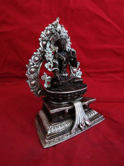 Tibetan Buddhism Tibetan Goddess White Tara Silver Oxide Copper Statue Figure Nepal