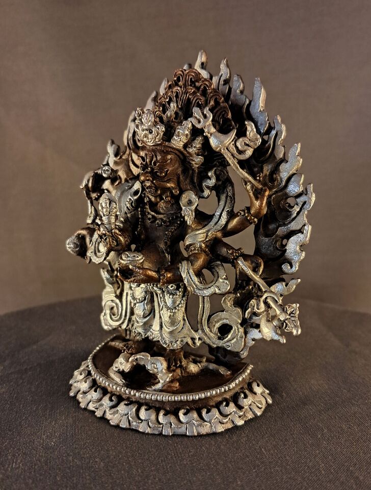 Six hand White Mahakala Bhairav Guru Dragpo Padma Sharvari Copper Statue Figure Nepal