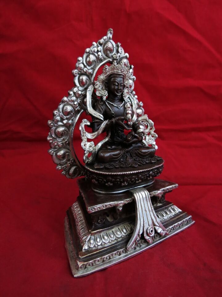 Tibetan Buddhism Lord Vajrasattva Silver Plated Oxide Copper Statue Figure Nepal