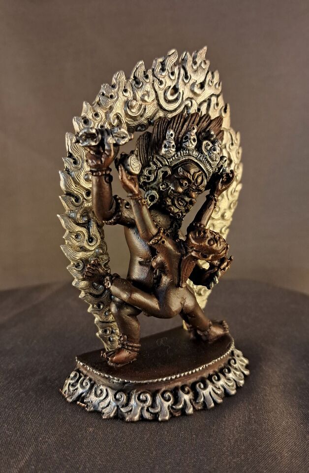 Buddhism Protector God Vajrapani with Consort Silver Plated Copper Oxide Statue Nepal