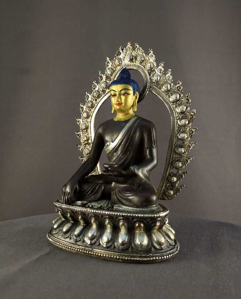 Lord Akshobhya Buddha Gold Face Hand Paint Silver Oxide Copper Statue Figure Nepal