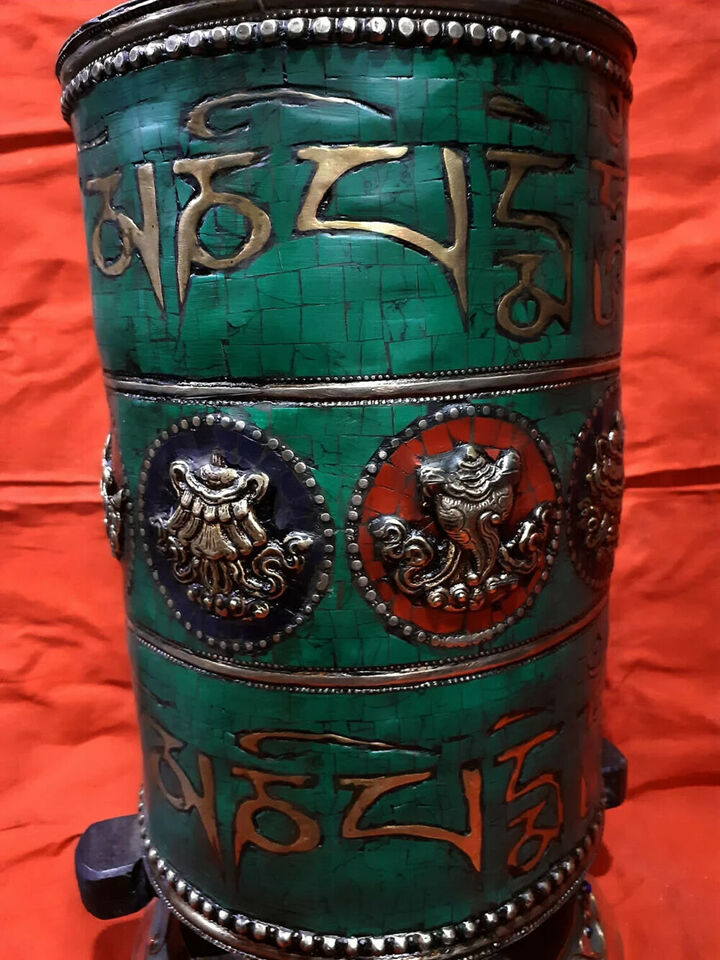 Tibetan Buddhism 8 Auspicious Sign Om Mantra Resin Stone Copper Brass Table Stand Prayer Wheel Nepal