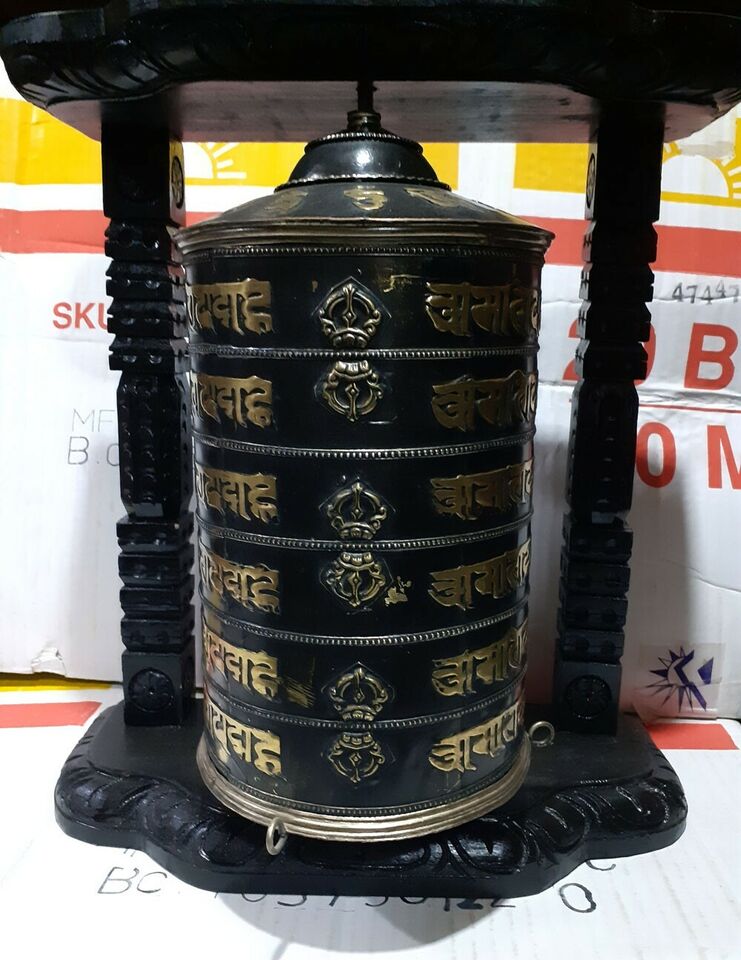 6 Lane Buddhism Om Mani Padme Hum Mantra Copper Brass Handmade Wooden Frame Prayer Wheel Nepal