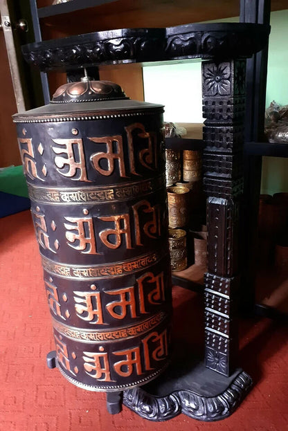 Buddhism Om Mani Padme Hum Mantra 35" Wooden Frame Carved Copper Prayer Wheel Nepal