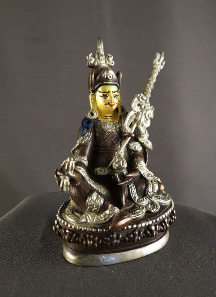 Tibetan Guru Rinpoche Gold Face (Padmasambhava) 3.2" Copper Silver Oxide Statue Figure Nepal