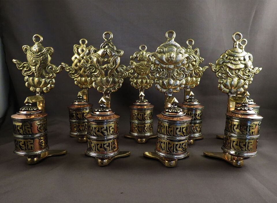 Tibetan Buddhism Set of 8 Auspicious Ritual Sign Om Mantra Table Stand Hanging Offering Copper Brass Prayer Wheel Nepal