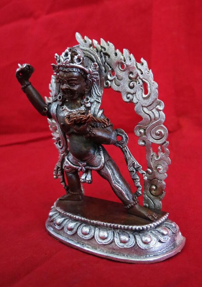 Tibetan Buddhism Protector Vajrapani Silver Plated Copper Oxide Statue Figure Nepal