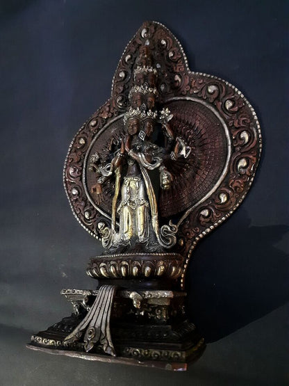 Thousand Arm Lord Avalokitesvara Lokeshwor Sahasrabhuja 8.8" Copper Oxide Figure Statue Nepal