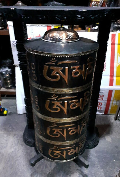 Tibetan Om Mani Padme Hum Mantra 35" Wooden Huge Wooden Frame Copper Offering Prayer Wheel Nepal