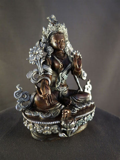 Tibetan Buddhism Goddess Green Tara Rupa 3.5" Copper Silver Oxide Statue Figure Nepal