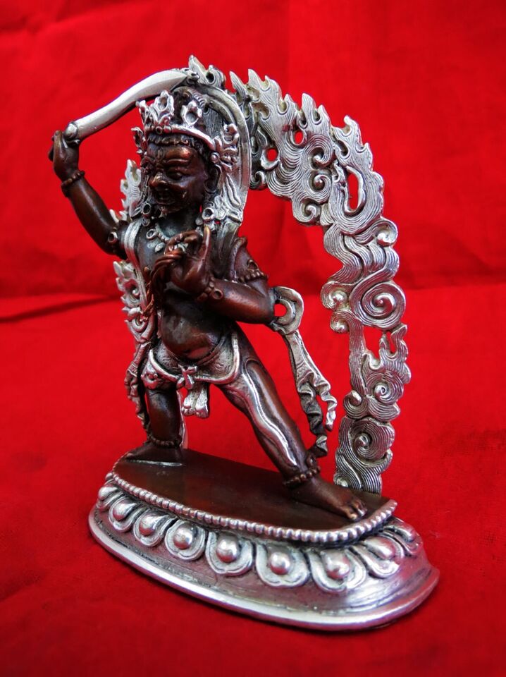 Buddhism Lord Khadga Pani Mahakal Bhairav Copper Oxide Silver Plated Statue Figure Nepal