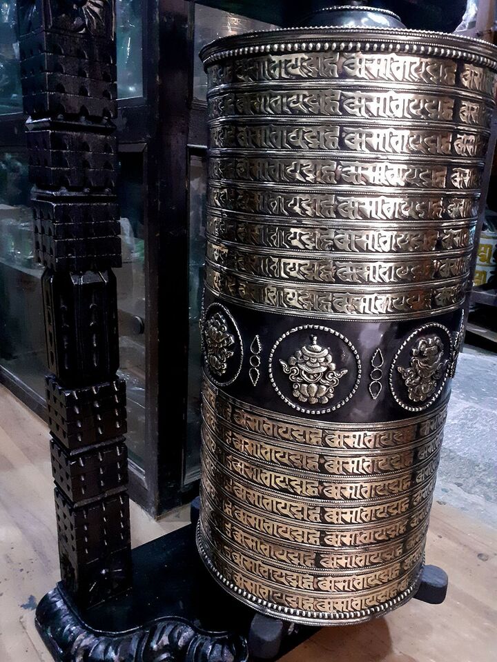 Tibetan 8 Auspicious Sign 16 lane Om Mantra 35" Wooden Frame Copper Brass Offering Prayer Wheel Nepal