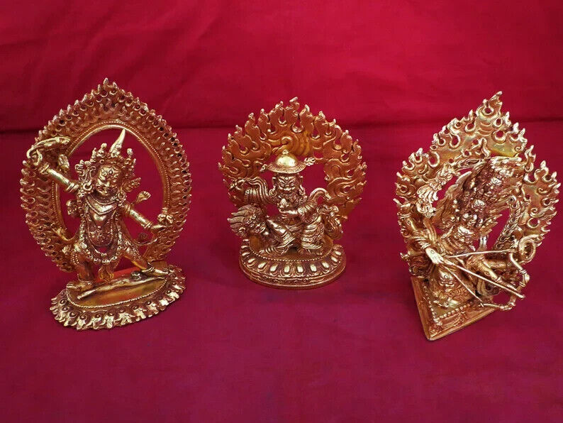 Tibetan Buddhism Set of Rahula Ekajati Lakpa Copper Gold Plated Statue Figure Nepal