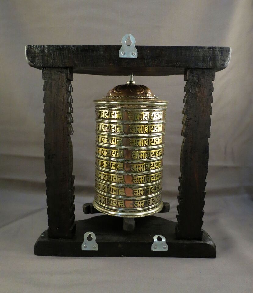 Tibetan Buddhism Om Mantra Meditation Offering Copper Wooden Frame Prayer Wheel Nepal