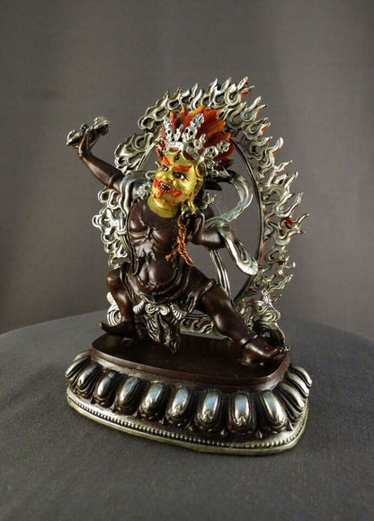 Tibetan Buddhism Protector Gold Face God Vajra Pani Copper Oxide Silver Statue Figure Nepal