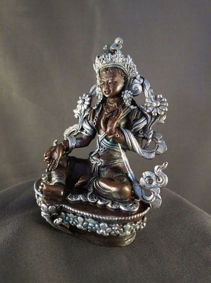 Tibetan Buddhism Goddess Green Tara Rupa 3.5" Copper Silver Oxide Statue Figure Nepal