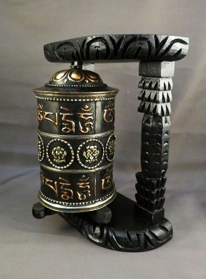 Tibetan 8 Auspicious Om Mantra Meditation Offering Wooden Craved Frame Copper Oxide Prayer Wheel Nepal