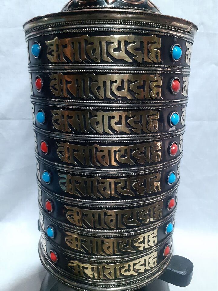 8 Lane Buddhism Om Mani Padme Hum Mantra Copper Brass Stone Offering Prayer Wheel Nepal