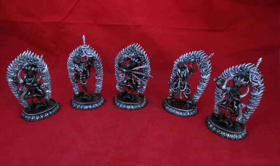 Tibetan Buddhism Set of 5 Yogini Dakini Silver Oxide Copper Statue Figure Nepal