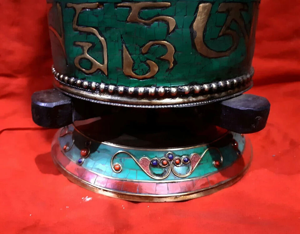 Tibetan Buddhism 8 Auspicious Sign Om Mantra Resin Stone Copper Brass Table Stand Prayer Wheel Nepal