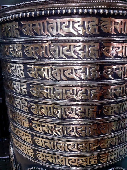 Tibetan 8 Auspicious Sign 16 lane Om Mantra 35" Wooden Frame Copper Brass Offering Prayer Wheel Nepal