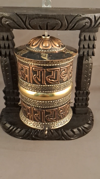 Buddhism Om Mantra Copper Meditation Offering Copper Oxide Wooden Frame Offering Prayer Wheel Nepal