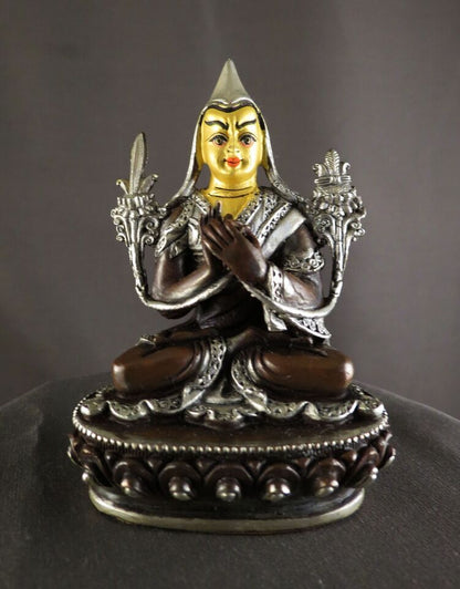 Tibetan Buddhism Gold Face Set of Tsongkhapa Silver Plated Oxide Copper Statue Figure Nepal