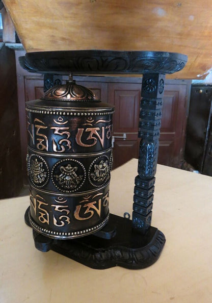 16" Tibetan Buddhism "Om Mani Padme Hum" Mantra Wooden Frame Copper Prayer Wheel Nepal