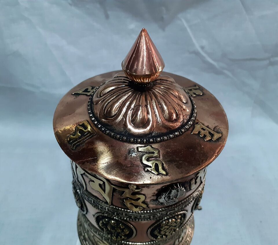 Tibetan Buddhism 8 Auspicious Sign Om Mantra Copper Brass Handmade 8" Offering Prayer Wheel Nepal