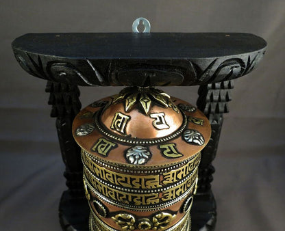 Buddhism Om Mantra Spirituality Offering Wooden Craved Frame Copper Brass Offering Prayer Wheel Nepal