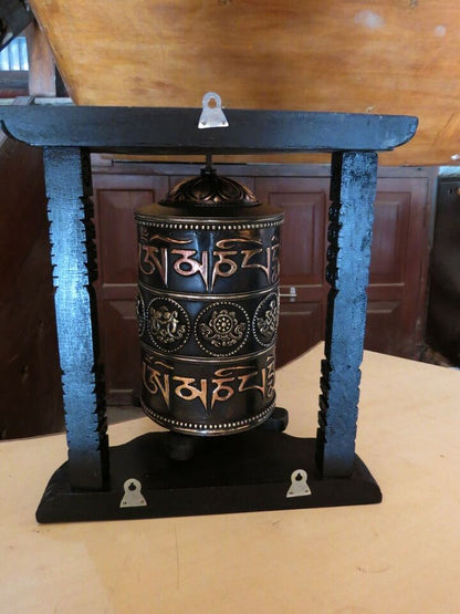 16" Tibetan Buddhism "Om Mani Padme Hum" Mantra Wooden Frame Copper Prayer Wheel Nepal