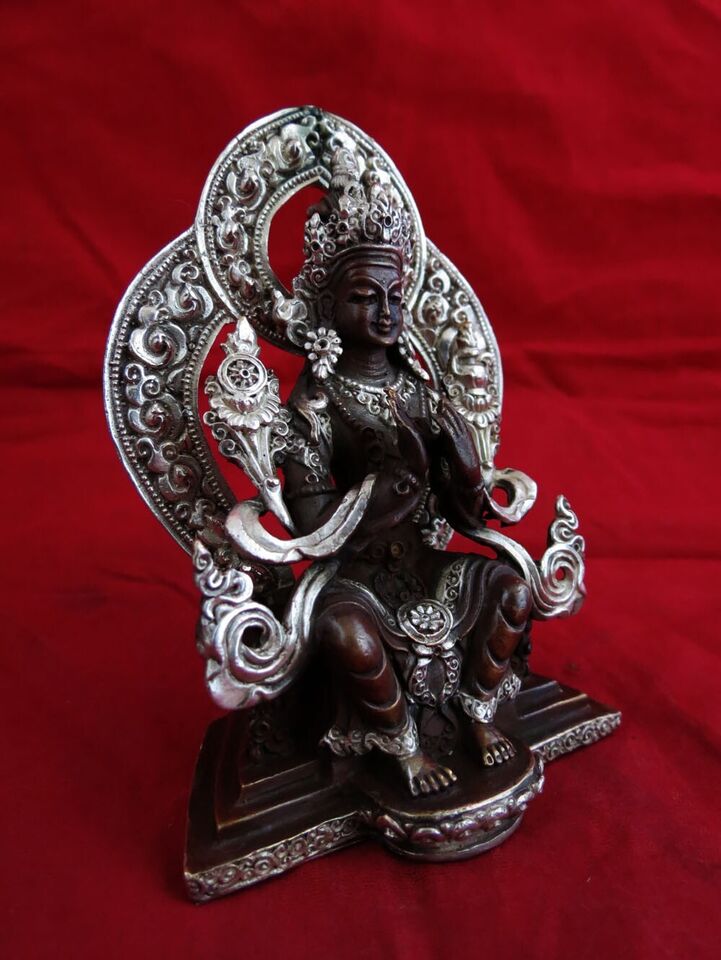 Buddhism Lord Maitreya Buddha Copper Oxide Silver Plated Statue Figure Handmade Nepal