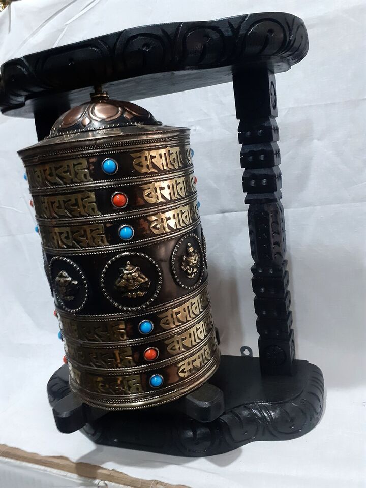 Tibetan 8 Auspicious Ritual Sign Om Mantra Wooden Carving Frame Copper Brass Prayer Wheel Nepal