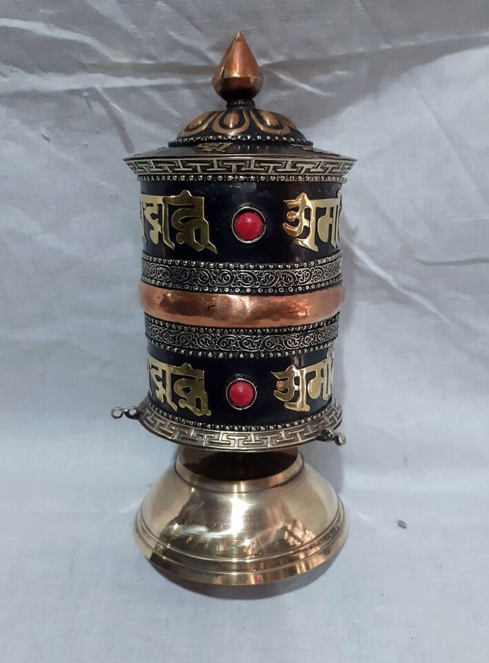 Tibetan Buddhism Om Mantra Copper Brass Oxide Handmade 8" Offering Prayer Wheel Nepal