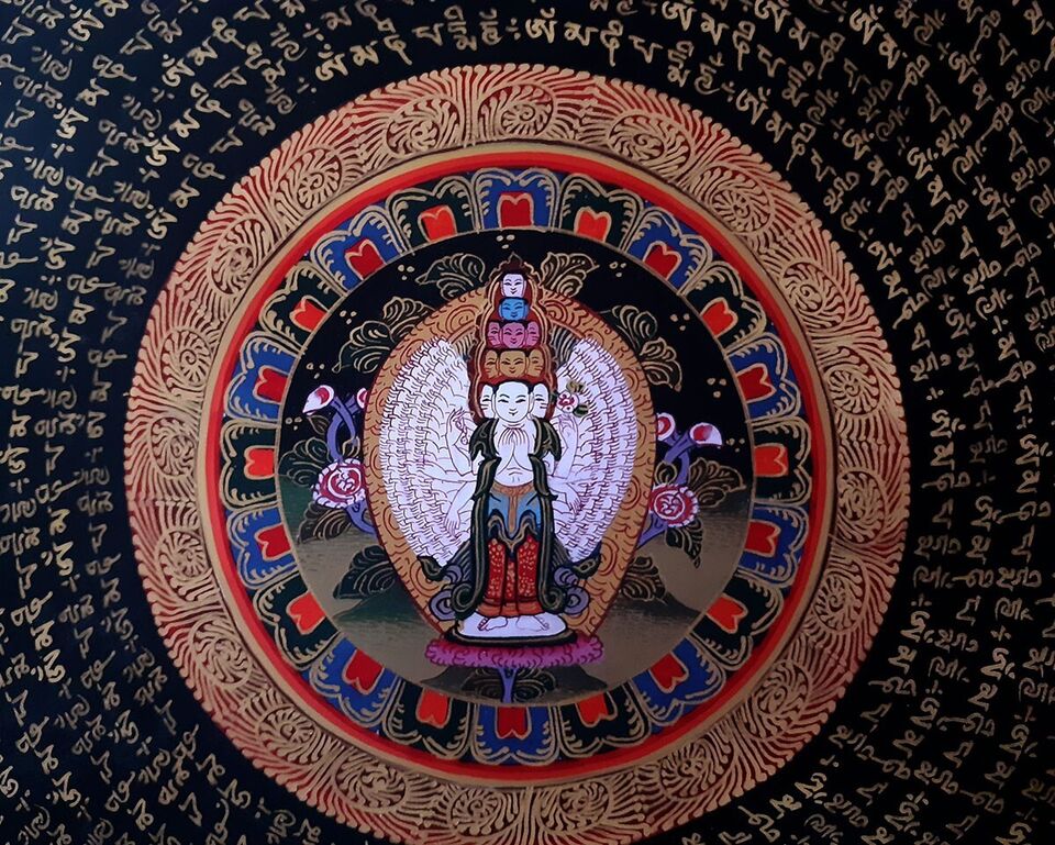 Tibetan Buddhism Om Mantra Mandala with Thousand Arms Goddess Avalokitesvara 21" Thangka