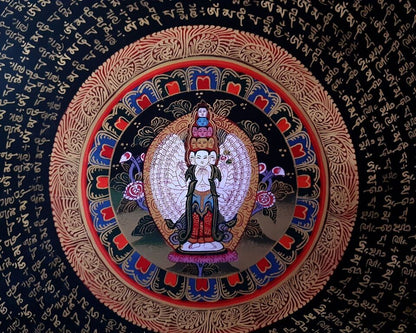 Tibetan Buddhism Om Mantra Mandala with Thousand Arms Goddess Avalokitesvara 21" Thangka