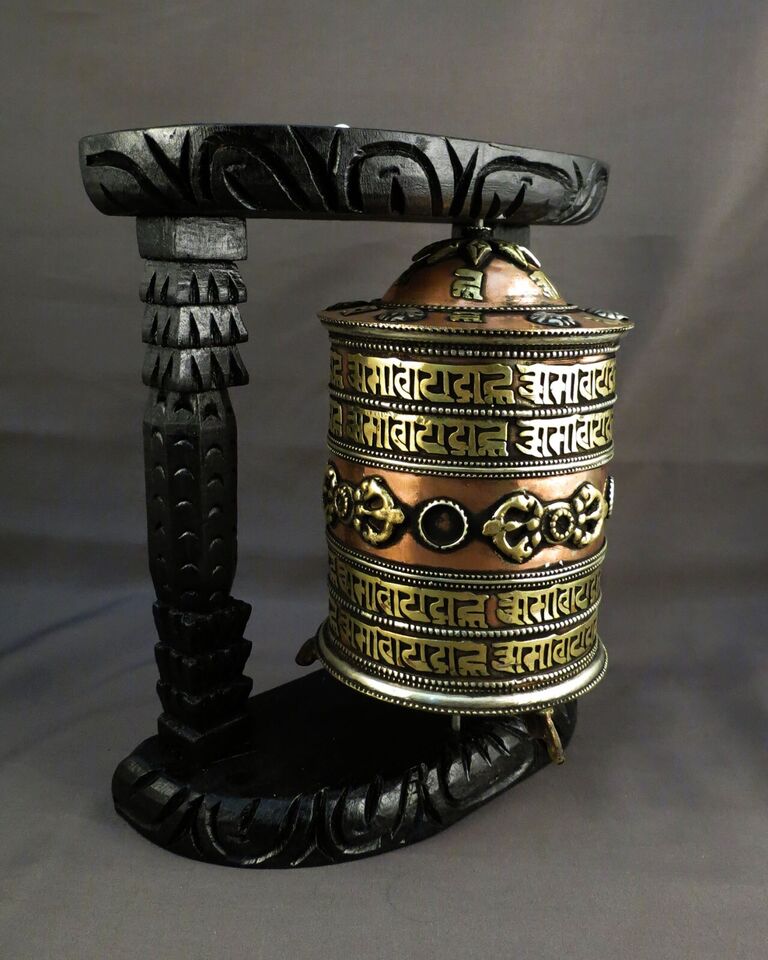 Buddhism Om Mantra Spirituality Offering Wooden Craved Frame Copper Brass Offering Prayer Wheel Nepal