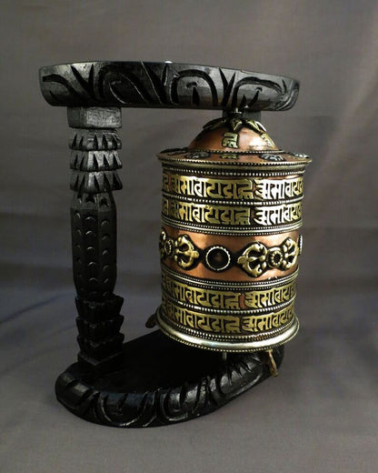 Buddhism Om Mantra Spirituality Offering Wooden Craved Frame Copper Brass Offering Prayer Wheel Nepal