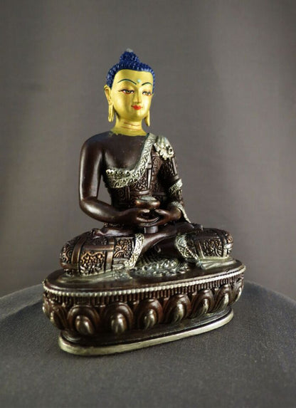 Buddhism Gold Face Hand Painting Lord Amitabha Buddha Silver Oxide Copper Statue Figure Nepal